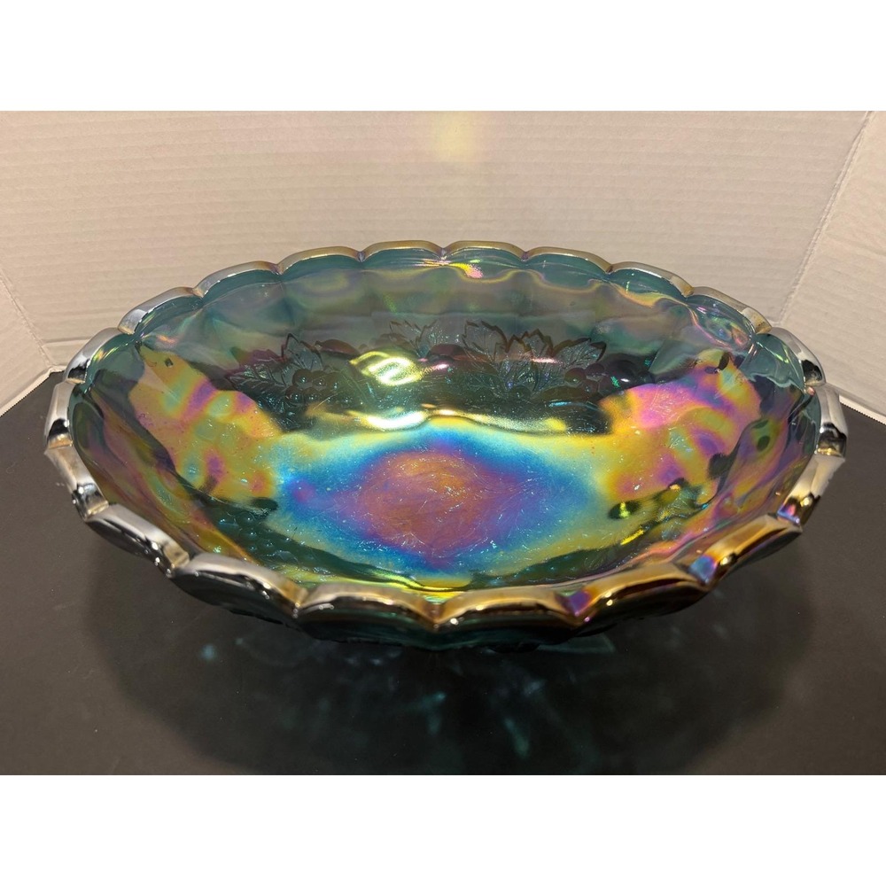 Vintage Blue Carnival Glass Footed Bowl Iridescent Fruit Harvest Scalloped 12in